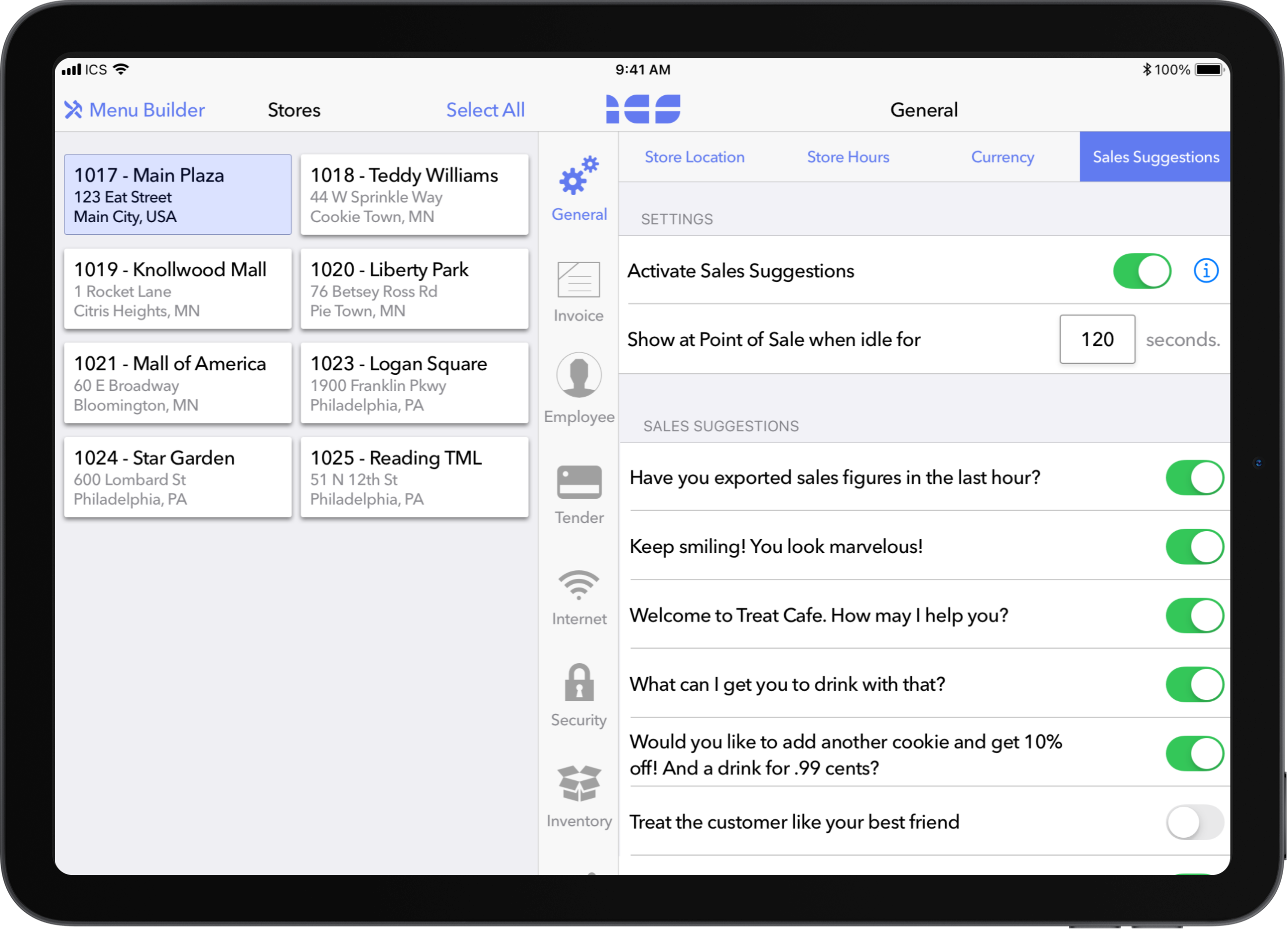 Treatware Admin interface on iPad, showing a multi-store list with real-time settings and toggles for sales suggestions and store hours