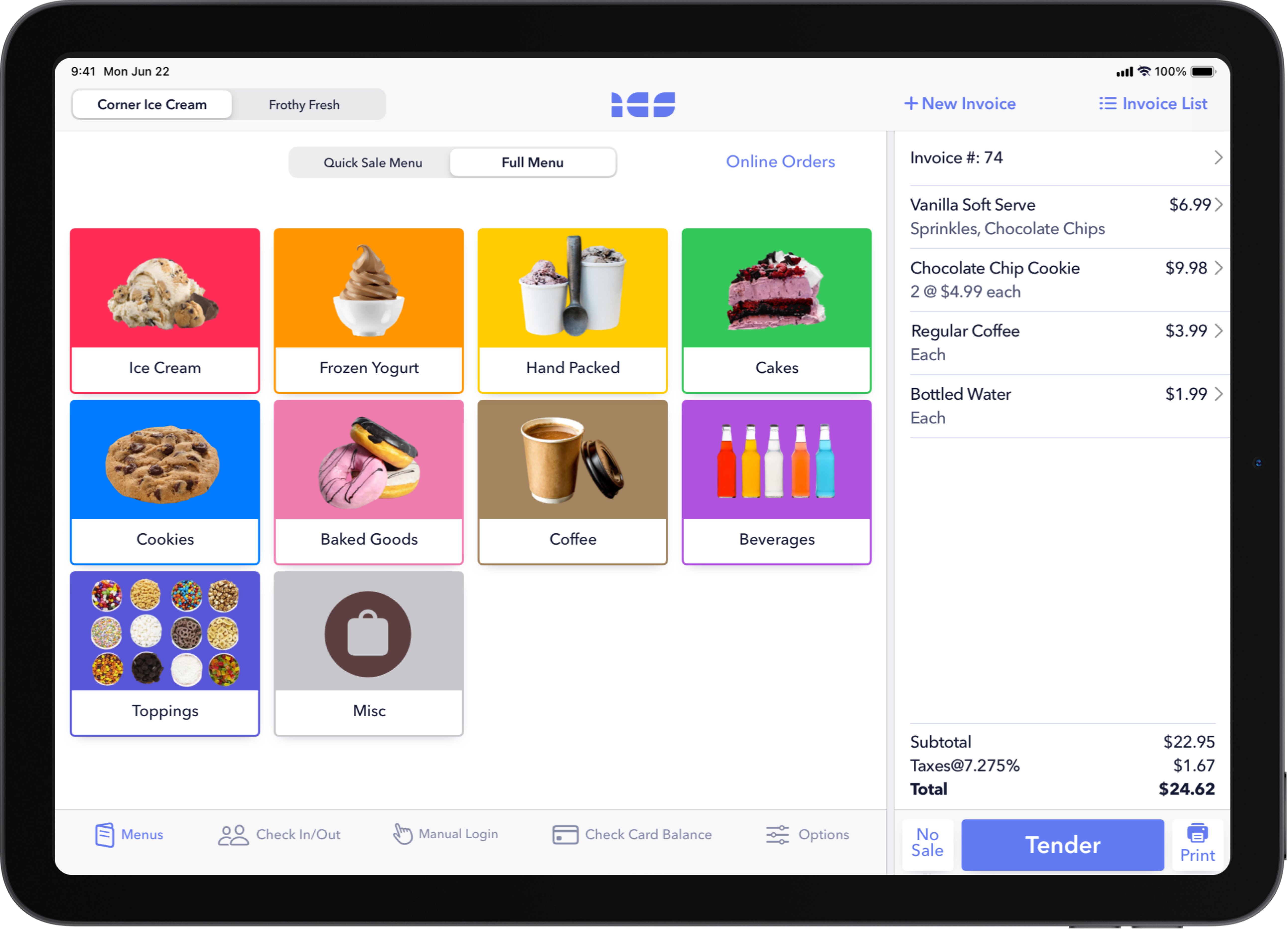 Treatware POS menu interface configured for a treat brand, showing menu tiles and an order ticket