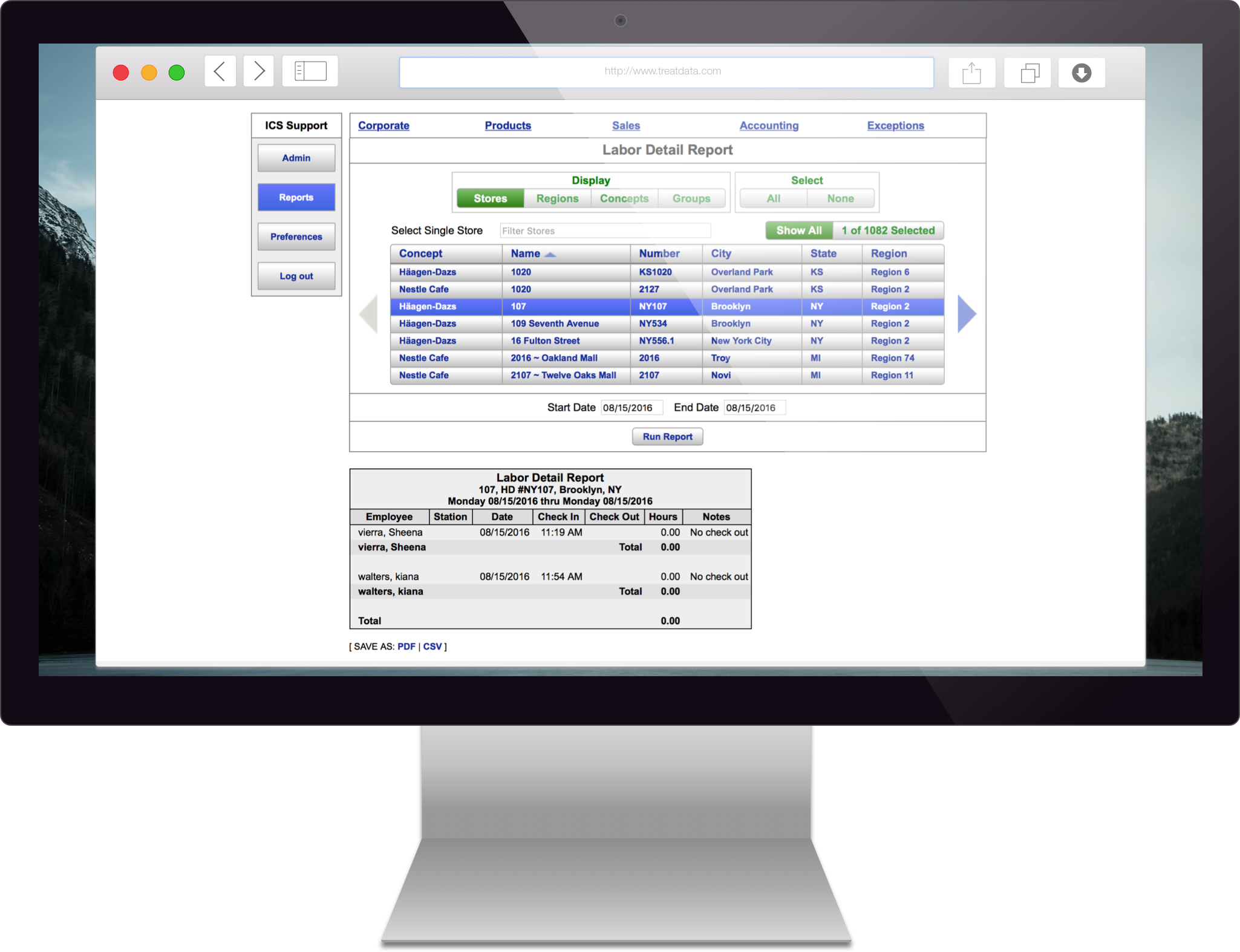 Treatdata.com web portal on a desktop monitor, showing a labor detail report across more than 1,000 locations filterable by concept and region