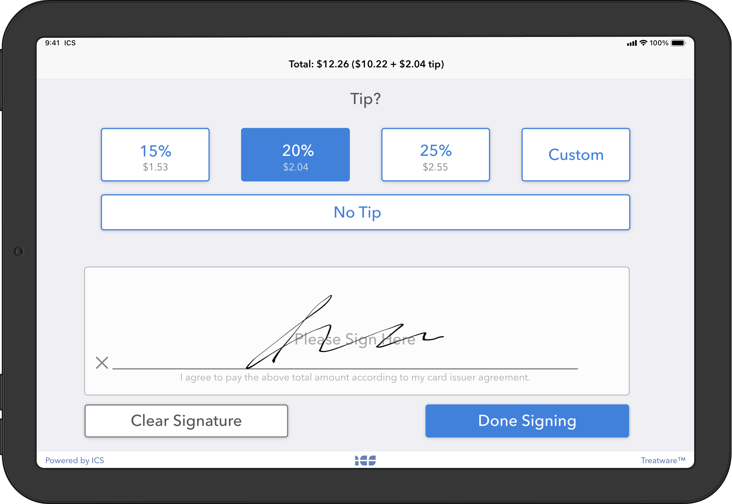 Treatware customer-facing tip and signature capture screen